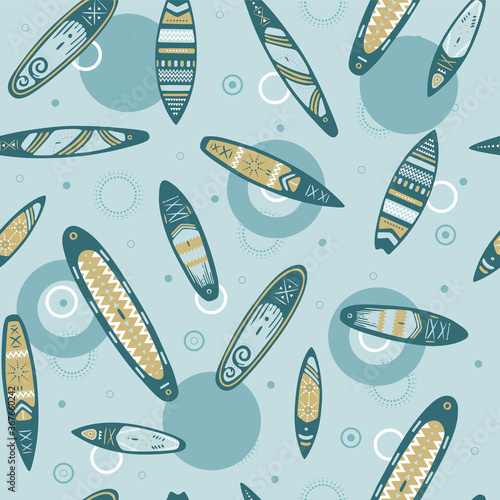 Stand Up Paddle Boarding SUP surfing elements cute seamless pattern vector illustration with supboard, paddle, circles on the water in azure colors background.