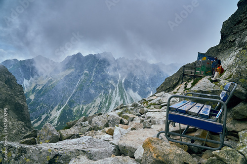 Fototapeta Naklejka Na Ścianę i Meble -  The highest toilet in the Tatras - chata pod Rysami (Rysy). Beautiful panoramic view of mountain in National Park High Tatra. Northern Slovakia, Europe. Beautiful world.