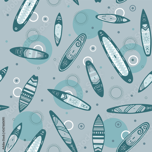 Stand Up Paddle Boarding SUP surfing elements cute seamless pattern vector illustration with supboard, paddle, circles on the water in azure colors background.