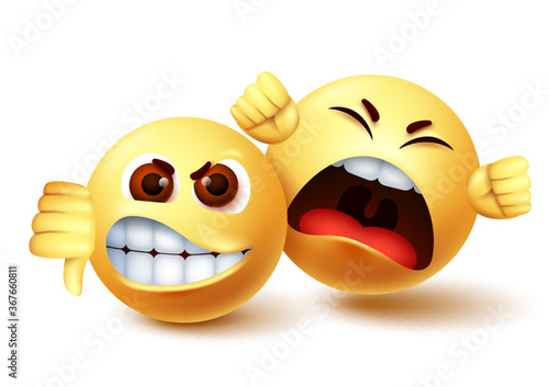 Smiley emoji angry characters vector design. Emoji smiley of mad and shouting disagreement with thumbs down hand gesture. Vector illustration.
 photo