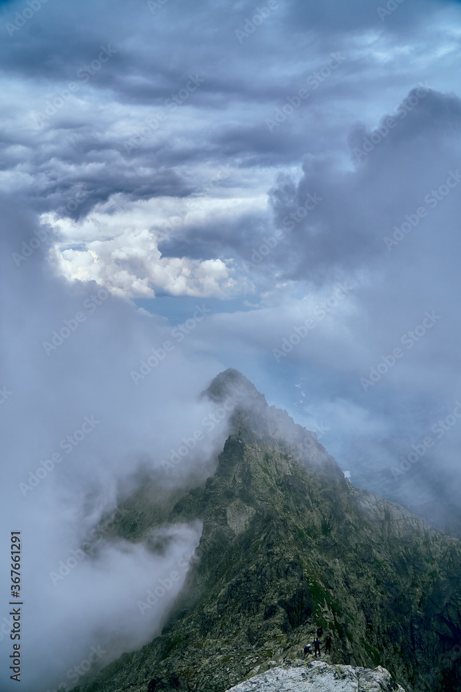 Beautiful panoramic aerial drone view of mountain in National Park High Tatra. northern Slovakia, Europe, EU. Beautiful world. Rysy - mountain between Poland and Slovakia.