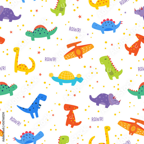 Cute Colorful Cartoon Dinosaurs Seamless Pattern with stars and dots on white Background.