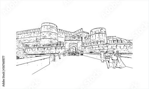 Building view with landmark of Agra is a city on the banks of the Yamuna river in the Indian state of Uttar Pradesh. Hand drawn sketch illustration in vector.