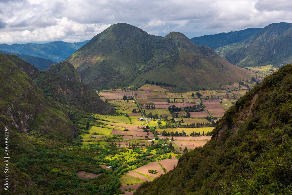 Landscape of the agriculture activity inside the active crater of the Pululahua volcano, Quito, Ecuador.