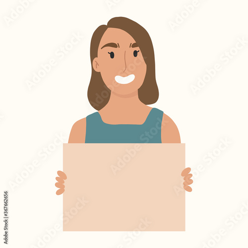 Yong woman holding clean placards. Brown hair.Bundle of female cartoon characters demonstrating empty banners.Vector hand drawn illustation.
