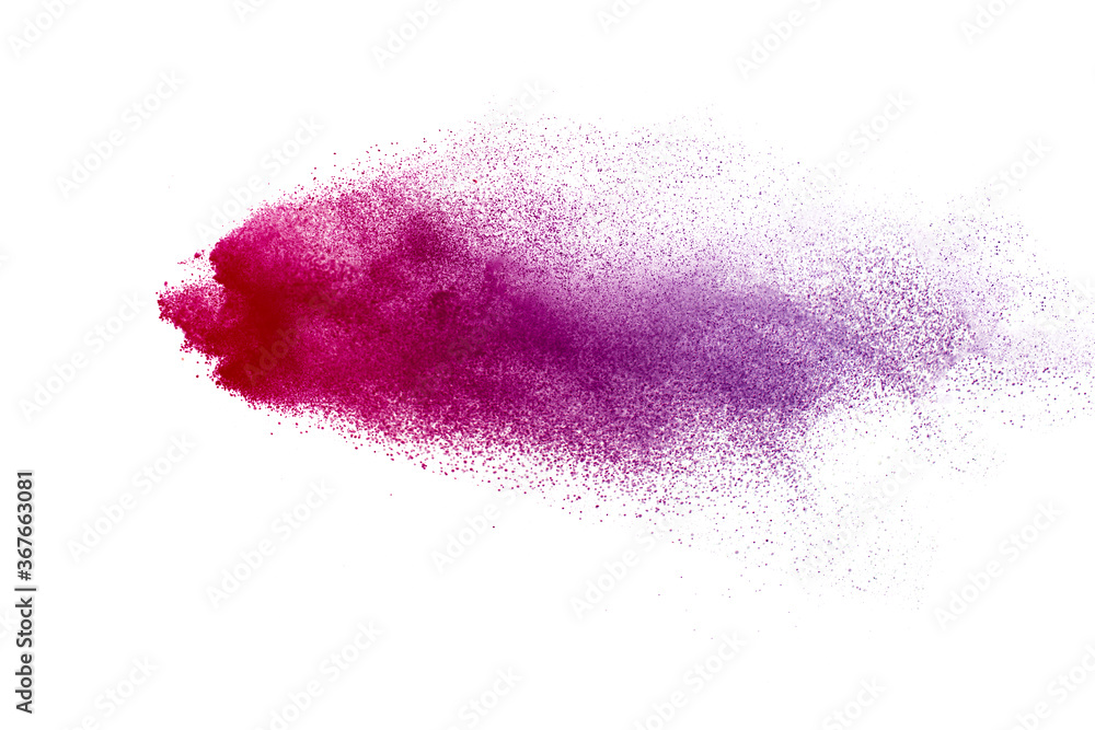 Purple powder explosion on white  background. Colored cloud. 