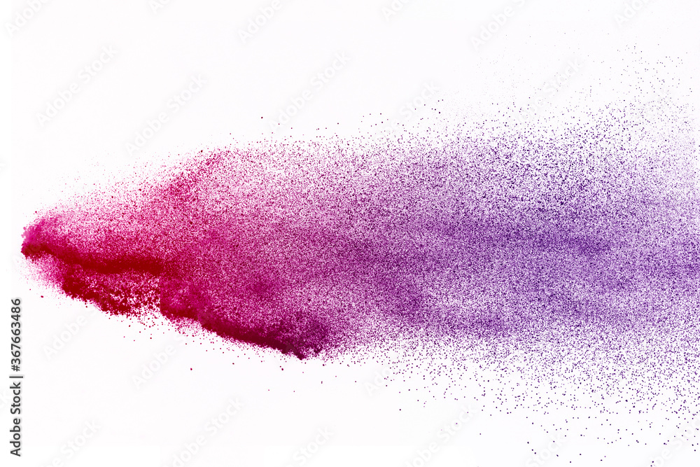Purple powder explosion on white  background. Colored cloud. 