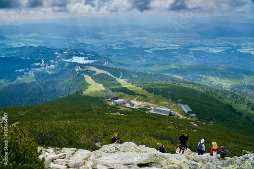 Panoramic view of mountain lake in National Park High Tatra. Strbske pleso, Slovakia, Europe. Beautiful world.
