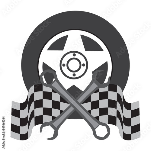 vehicle tyre with race flags and wrenches