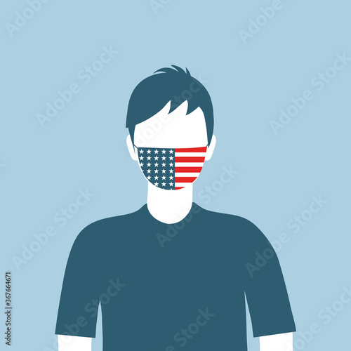A man wearing medical mask with American flag. Covid-19 coronavirus pandemic in United States. Health protection in flat design.