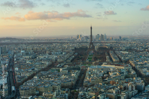 Aerial view of city Paris  the capital in France  at sunset.