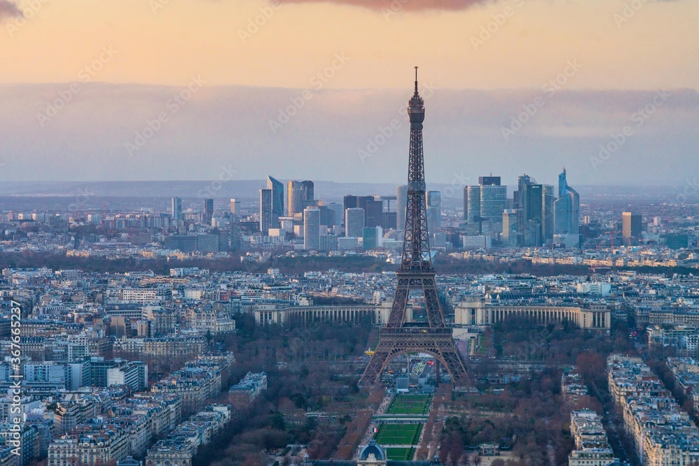 Aerial view of city Paris, the capital in France, at sunset.