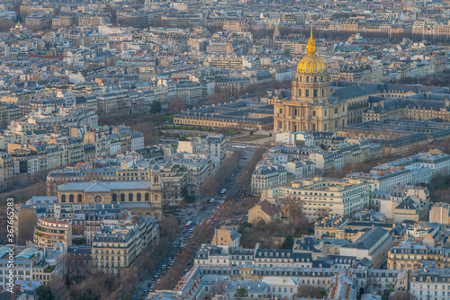 Aerial view of city Paris, the capital in France, at sunset.