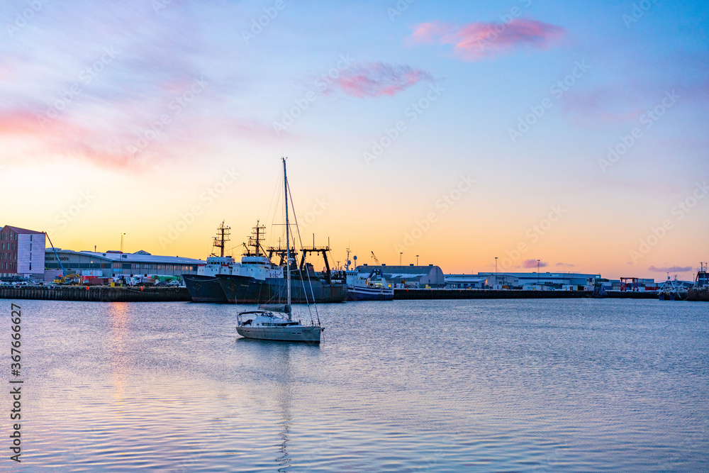 Sunset view of the port in Reykjavik, Iceland, in winter.