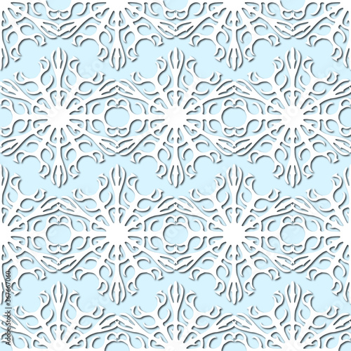 White snowflakes on pale blue background, damask ornament seamless pattern. Paper cut style