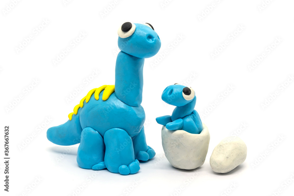 Naklejka premium Play dough Brachiosaurus and egg on white background. Handmade clay plasticine