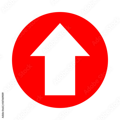 arrow pointing up white in circle red for icon flat isolated on white, circle with up arrow for button interface app, arrow sign of next or download upload concept, arrow simple symbol for direction