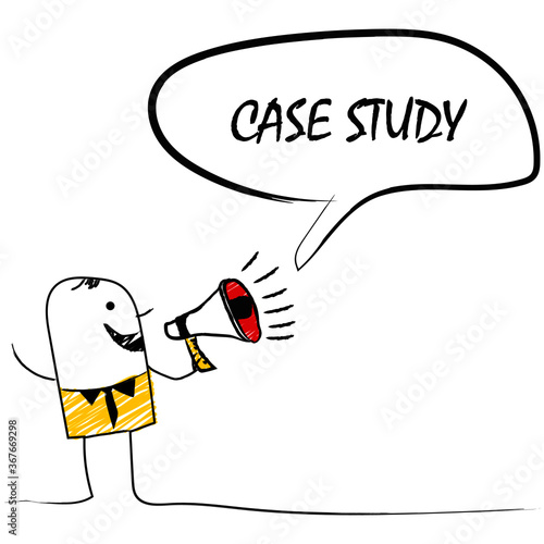 vector illustration of doodle man holding a megaphone with CASE STUDY speech bubble with Loudspeaker.banner for marketing ,business and also advertising.