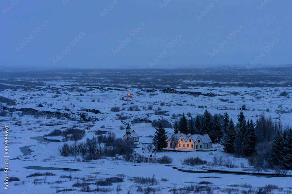 The winter landscape in Thingvellir National Park, in Iceland.