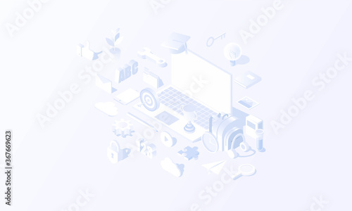 Online education modern isometric line illustration. Distance study, internet seminar icon education tool icon and back to school isometric vector design