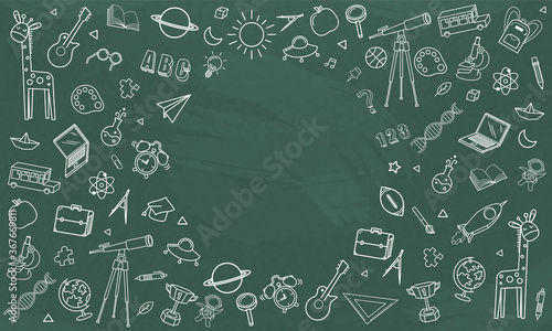 Concept of education School background chalkboard with different stuff. Welcome back to school design vector.