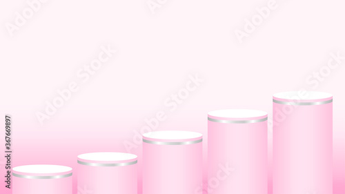 pink pedestal cylinder circle five steps for cosmetics showcase, podium circle stage pink pastel soft color, platform 5 steps for advertising copy space, podium round five layers for product display