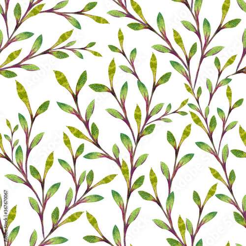 Branches with green leaves on a white background. Watercolor seamless pattern. Design for fabric, print, card, wrapping.