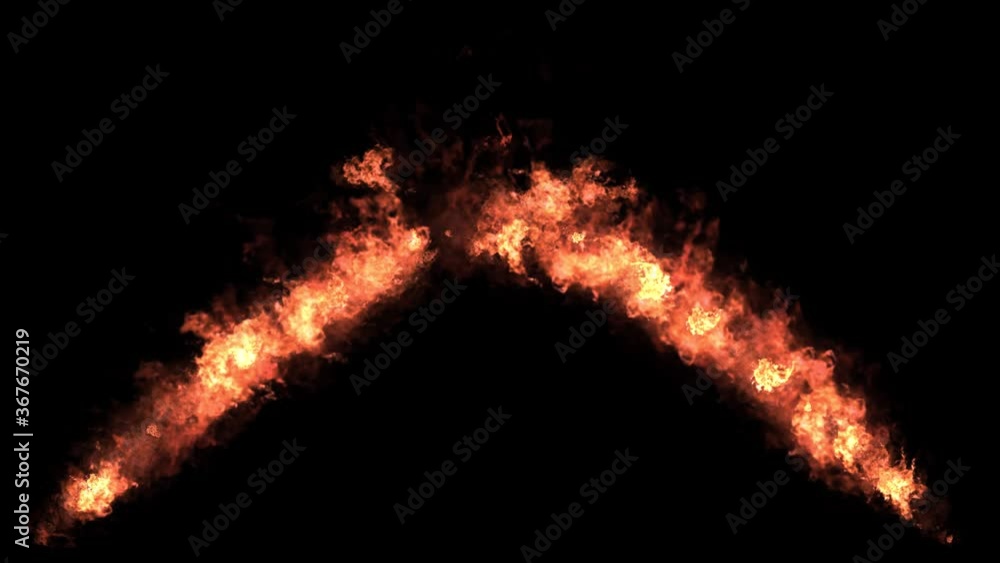 Flamethrowers fire effect, shooting upwards from both sides of screen, on black background, visual effects 3D animation. Use Flamethrowers fire effect, shooting upwards from both sides of screen, on black background, visual effects 3D animation. Use