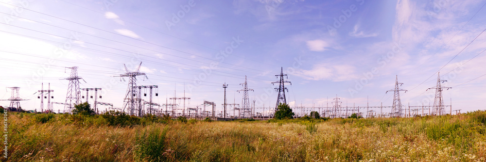 Panoramic image of high voltage substation.