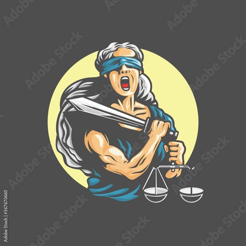The goddess Themis with a sword of justice and weights in her hands. screaming emotion. Vector illustration