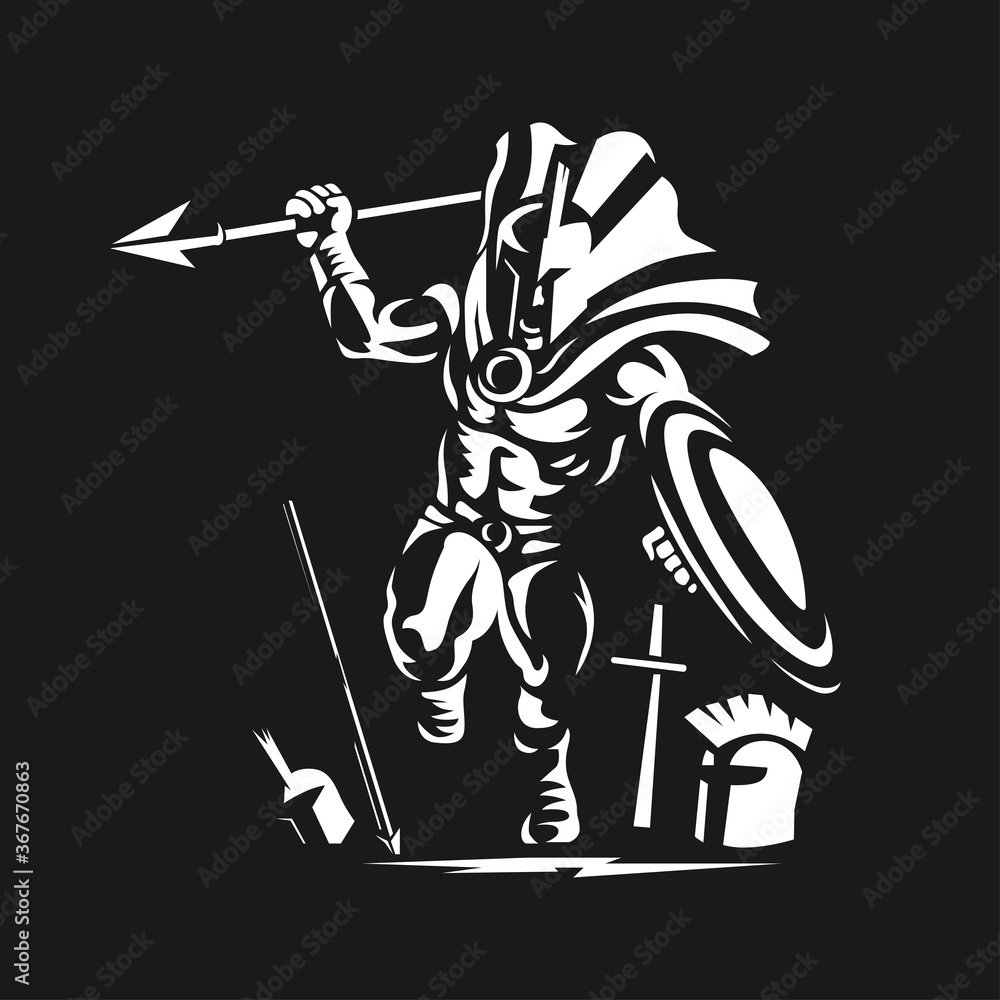 Running Spartan, Roman or Trojan gladiator ancient Greek warrior with spear Corinthian helmet and shield vector illustration Running Spartan, Roman or Trojan gladiator ancient Greek warrior with spear Corinthian helmet and shield vector illustration