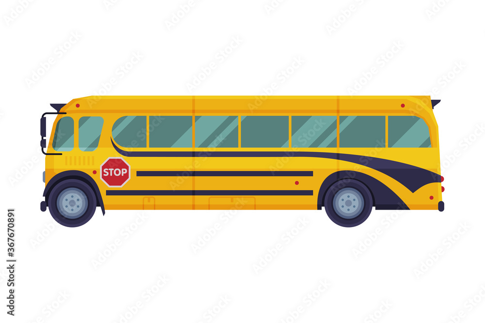 Side View of Yellow School Bus, School Students Transportation Vehicle Flat Style Vector Illustration on White Background Side View of Yellow School Bus, School Students Transportation Vehicle Flat Style Vector Illustration on White Background