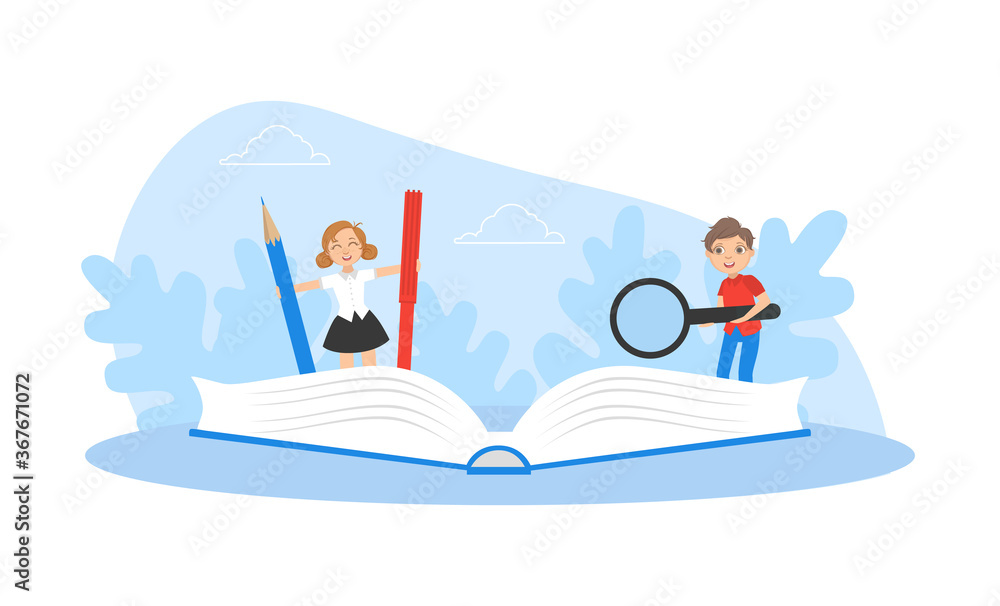 Cute Boy and Girl Writing at Exercise Book, Kids Studying with Huge School Supplies, Back to School Concept Vector Illustration