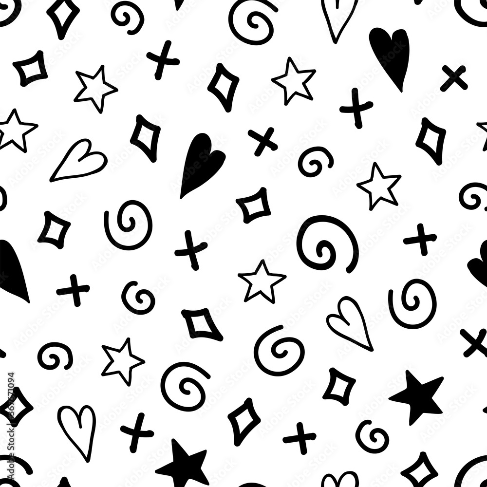 Seamless pattern with symbols. Heart, star, spiral. Vector illustration. Used in packaging design, Wallpaper, print for fabrics Seamless pattern with symbols. Heart, star, spiral. Vector illustration. Used in packaging design, Wallpaper, print for fabrics