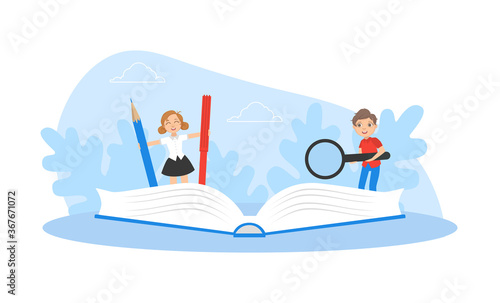 Cute Boy and Girl Writing at Exercise Book, Kids Studying with Huge School Supplies, Back to School Concept Vector Illustration