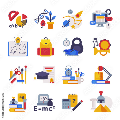 School Subjects Supplies Set, Education Symbols, Schooling and Learning Elements, Back to School Concept Flat Style Vector Illustration