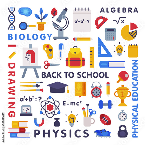 Set of Education and Science Disciplines with Related Elements, School Subjects, Back to School Concept Flat Style Vector Illustration