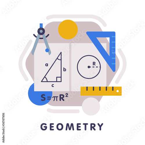 Geometry School Subject Icon, Education and Science Discipline with Related Elements Flat Style Vector Illustration