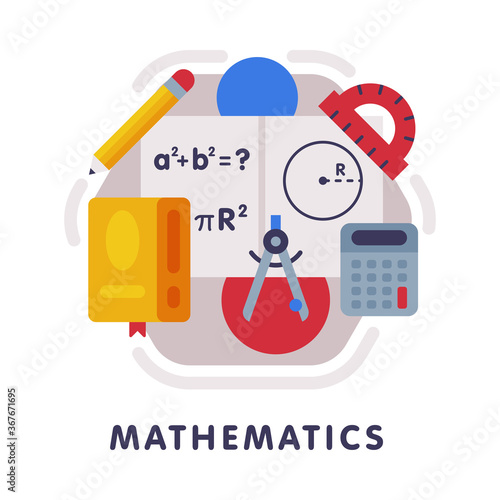 Mathematics School Subject Icon, Education and Science Discipline with Related Elements Flat Style Vector Illustration