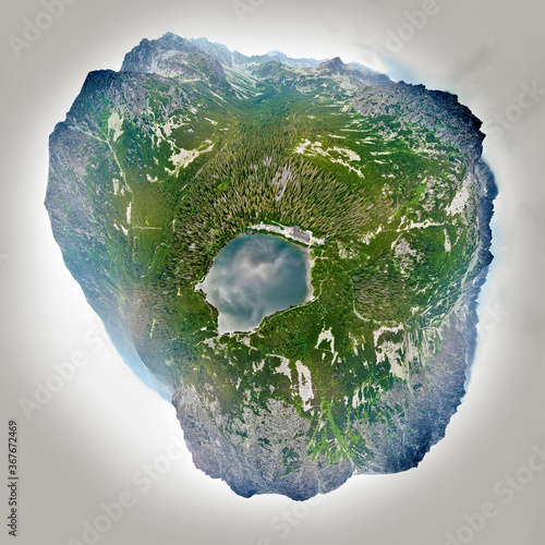 Beautiful panoramic view of Popradske pleso (once called Rybie pleso) is a mountain lake of glacial origin located in the High Tatras, northern Slovakia, Europe. Beautiful world. photo