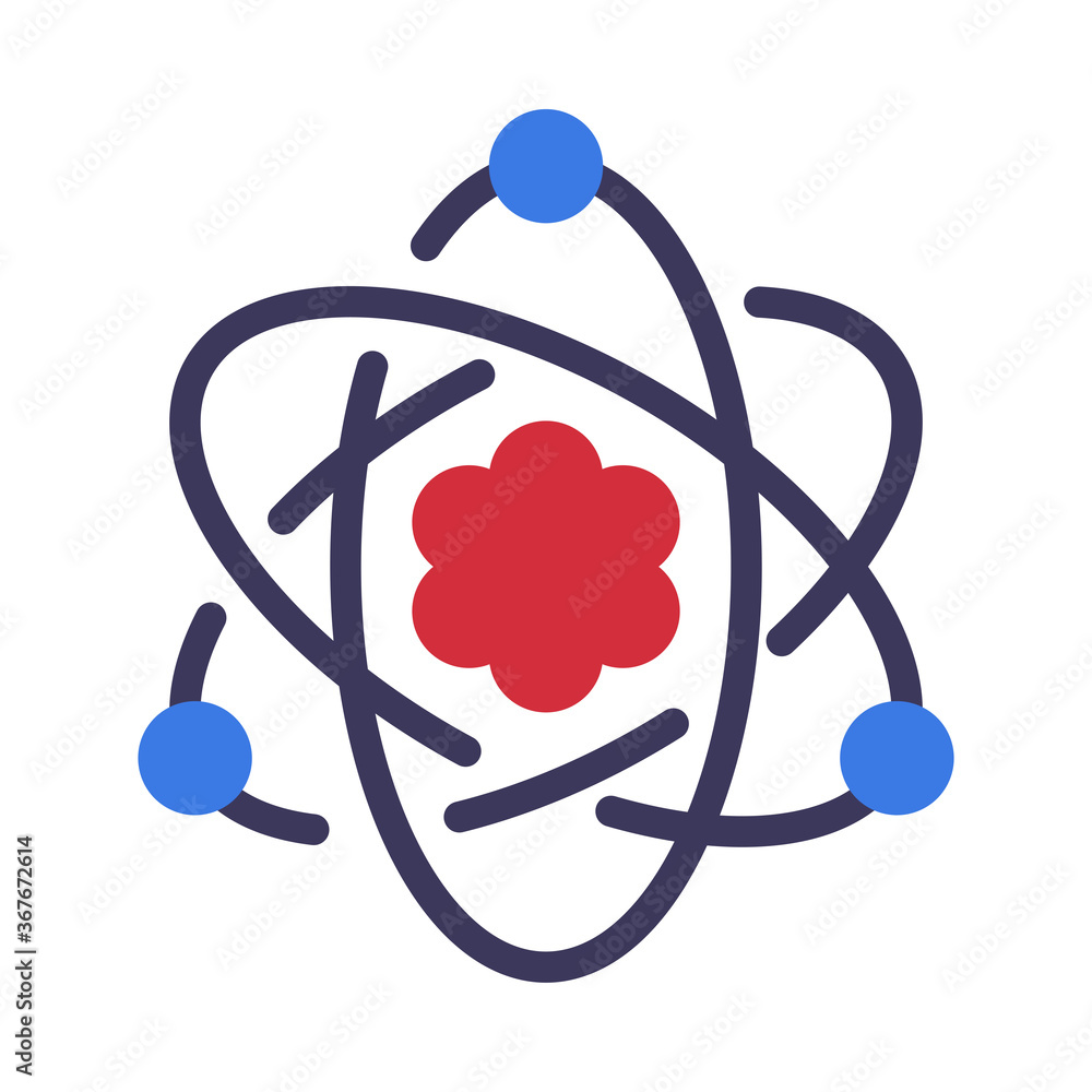 Atom, Electrons Rotating in Orbits around Atomic Nucleus, Science, Education, Scientific Research Symbol Flat Style Vector Illustration