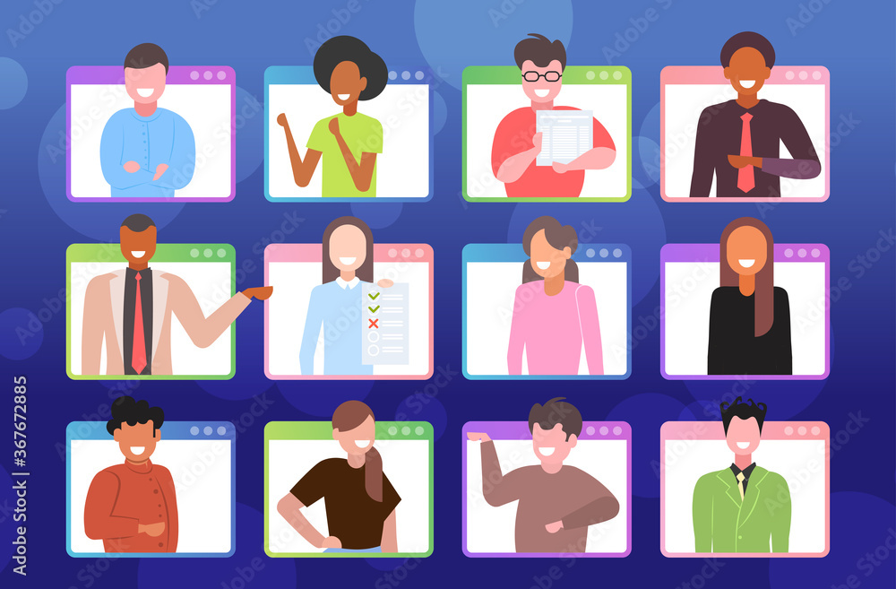 set businesspeople having online conference during video call remote work quarantine isolation concept mix race workers in web browser windows portrait horizontal vector illustration set businesspeople having online conference during video call remote work quarantine isolation concept mix race workers in web browser windows portrait horizontal vector illustration