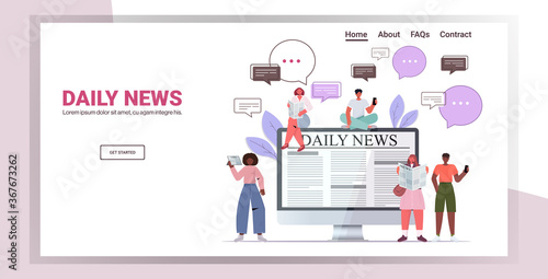 mix race people reading newspapers and discussing daily news chat bubble communication concept full length copy space horizontal vector illustration