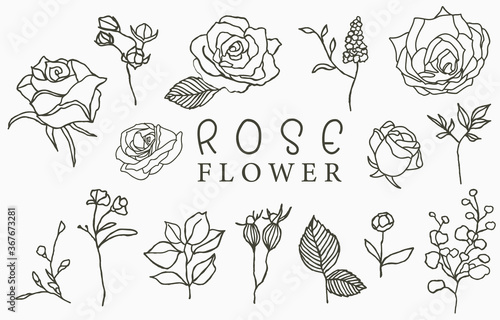 Black rose logo collection with leaves.Vector illustration for icon,logo,sticker,printable and tattoo