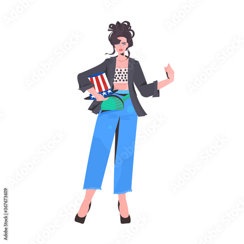 woman holding festive hat with usa flag celebrating 4th of july american independence day celebration concept full length vector illustration