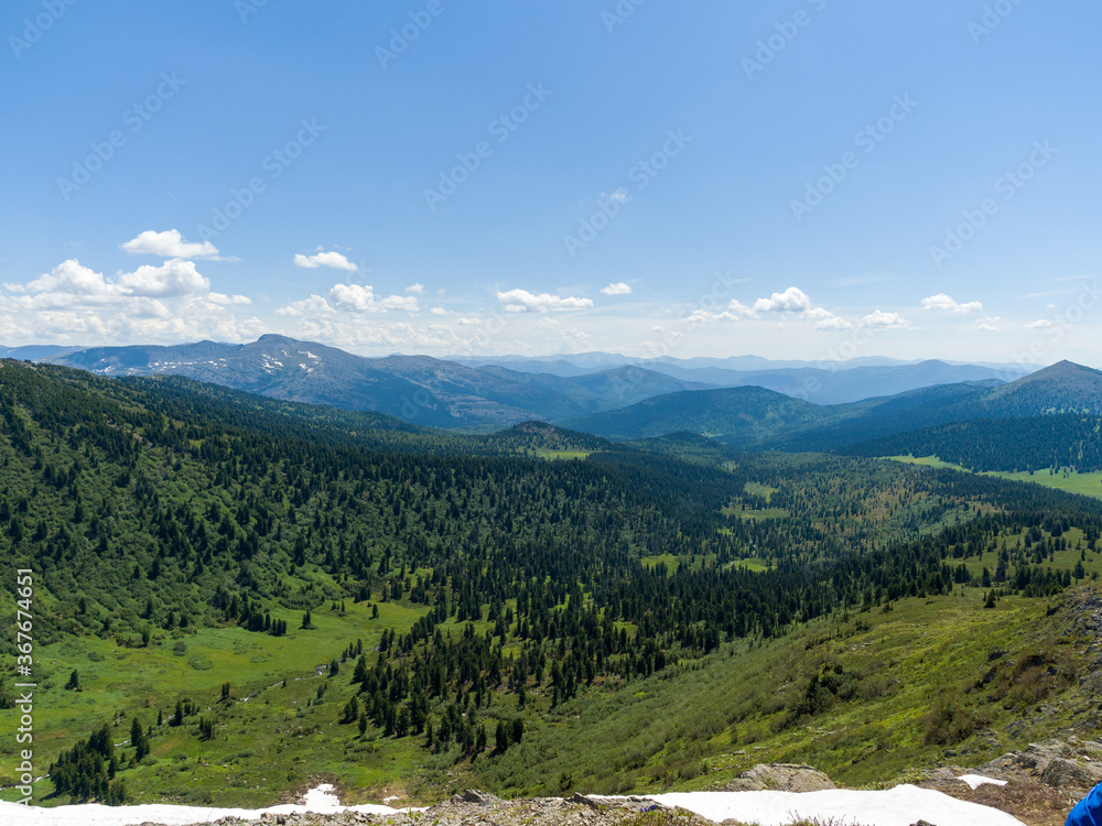 Mountain landscape. Panorama of Siberian Sayan mountains. Ergaki Natural Park. View from a high peak
