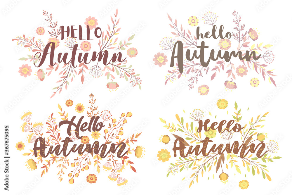 Collection of vector illustrations with season quote Hello Autumn, hand drawn flowers, leaf and floral elements for greeting card, invitation template, banner and poster