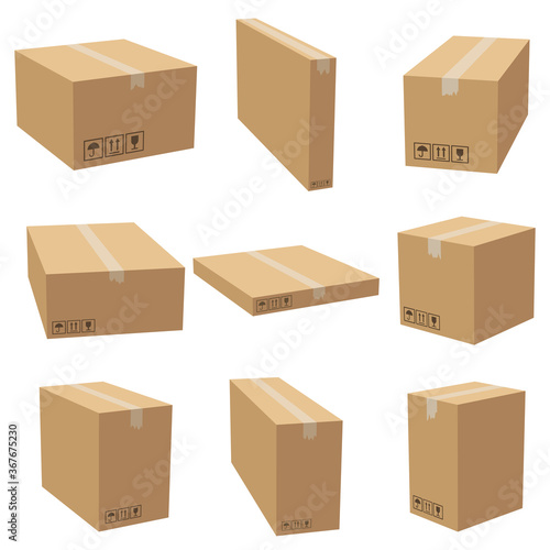 Set of cardboard box mockups different size. Isolated on white background. Vector carton packaging box images.