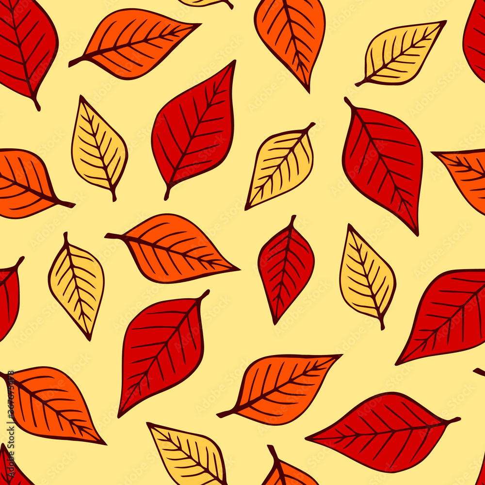 Seamless pattern with autumn leaves in orange, beige, brown colors. Perfect for wallpaper, gift paper, drawing fill, web page background, autumn greeting cards. Seamless pattern with autumn leaves in orange, beige, brown colors. Perfect for wallpaper, gift paper, drawing fill, web page background, autumn greeting cards.