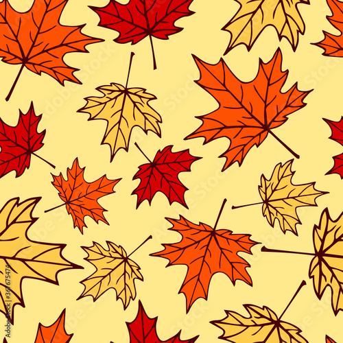 Seamless pattern with autumn maple leaves in orange, beige, brown colors. Perfect for wallpaper, gift paper, drawing fill, web page background, autumn greeting cards.